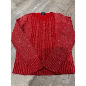 Faded Glory Red Sparkle Cable Knit‎ V Neck Sweater Holiday Party Girls 10/12